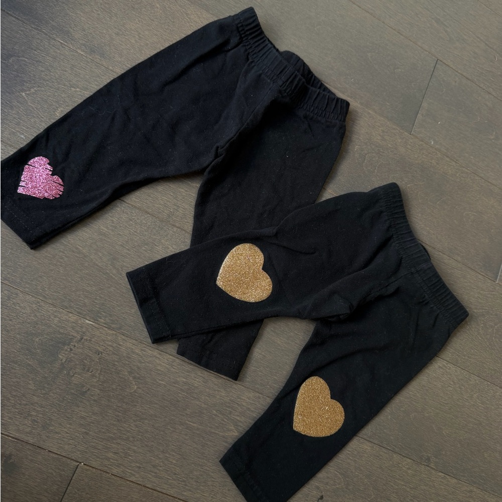 Black Girls' Leggings with Glitter Heart Accents - Gold & Pink